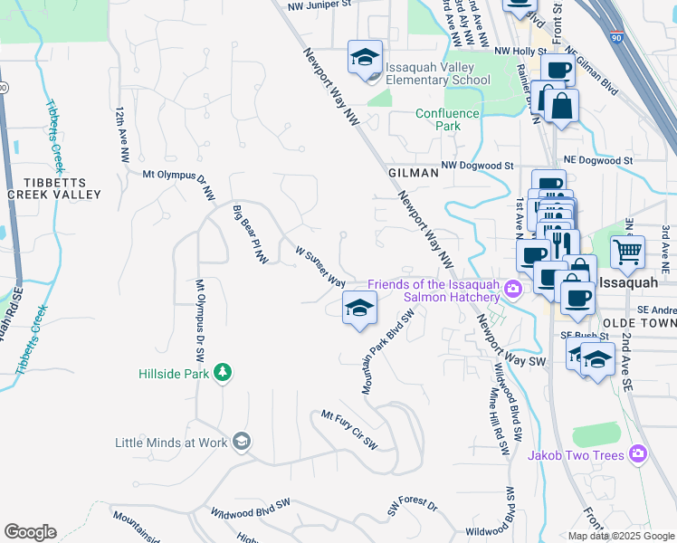 map of restaurants, bars, coffee shops, grocery stores, and more near 10 Sunset Court Northwest in Issaquah