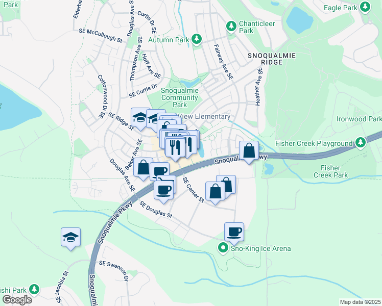 map of restaurants, bars, coffee shops, grocery stores, and more near 7730 Center Boulevard Southeast in Snoqualmie