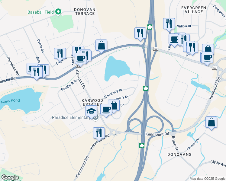 map of restaurants, bars, coffee shops, grocery stores, and more near 25 Cloudberry Drive in Paradise