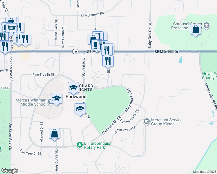 map of restaurants, bars, coffee shops, grocery stores, and more near 4000 Madrona Drive Southeast in Port Orchard