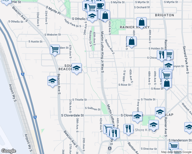 map of restaurants, bars, coffee shops, grocery stores, and more near 7939 Martin Luther King Junior Way South in Seattle