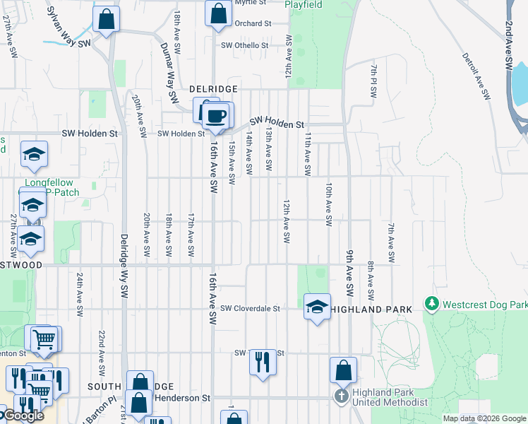 map of restaurants, bars, coffee shops, grocery stores, and more near 7947 13th Avenue Southwest in Seattle