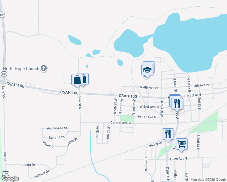 map of restaurants, bars, coffee shops, grocery stores, and more near 404 West 3rd Avenue North in Aurora