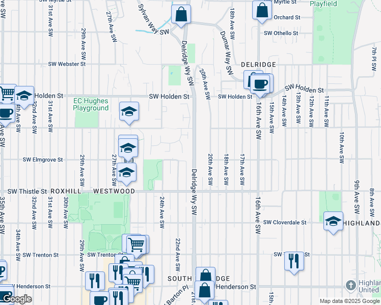 map of restaurants, bars, coffee shops, grocery stores, and more near 7945 Delridge Way Southwest in Seattle
