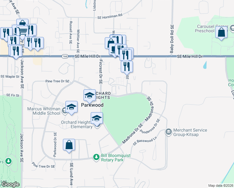 map of restaurants, bars, coffee shops, grocery stores, and more near 12 Madrona Drive Southeast in Port Orchard