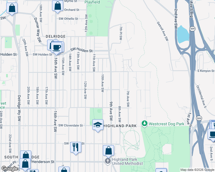map of restaurants, bars, coffee shops, grocery stores, and more near 900 Southwest Elmgrove Street in Seattle