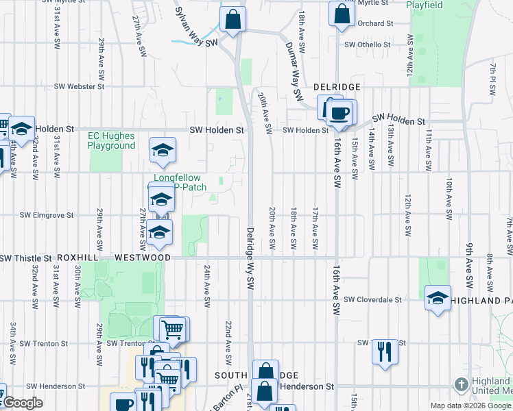 map of restaurants, bars, coffee shops, grocery stores, and more near 7949 20th Avenue Southwest in Seattle