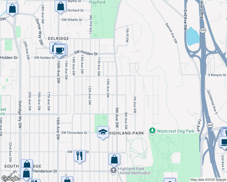 map of restaurants, bars, coffee shops, grocery stores, and more near 900 Southwest Elmgrove Street in Seattle