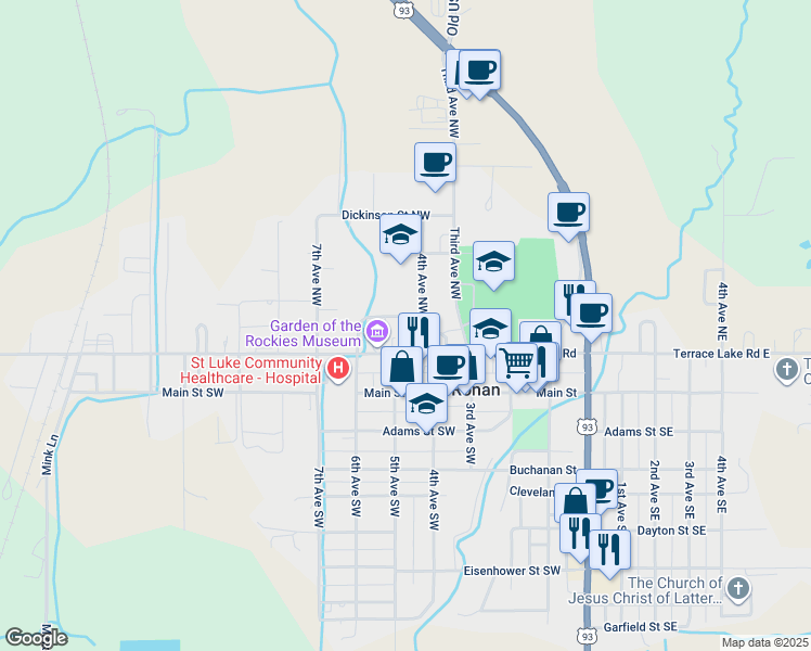 map of restaurants, bars, coffee shops, grocery stores, and more near 421 Andrew Street Northwest in Ronan
