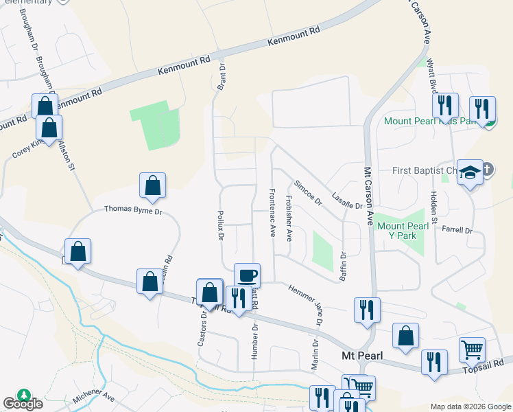 map of restaurants, bars, coffee shops, grocery stores, and more near 1 Selkirk Drive in Mount Pearl