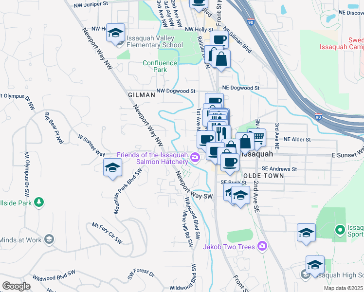 map of restaurants, bars, coffee shops, grocery stores, and more near 140 West Sunset Way in Issaquah