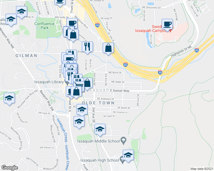 map of restaurants, bars, coffee shops, grocery stores, and more near 60 3rd Avenue Northeast in Issaquah