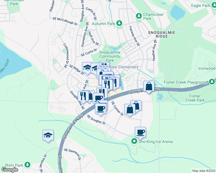 map of restaurants, bars, coffee shops, grocery stores, and more near 7718 Center Boulevard Southeast in Snoqualmie