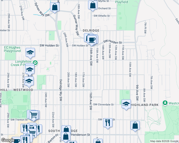map of restaurants, bars, coffee shops, grocery stores, and more near 7947 16th Avenue Southwest in Seattle