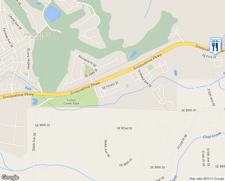 map of restaurants, bars, coffee shops, grocery stores, and more near 36426 Southeast Woody Creek Lane in Snoqualmie