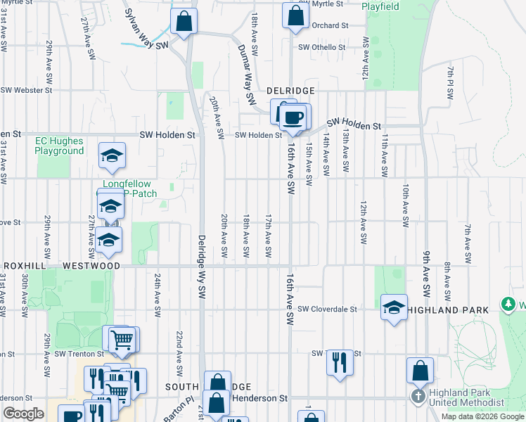 map of restaurants, bars, coffee shops, grocery stores, and more near 7947 17th Avenue Southwest in Seattle
