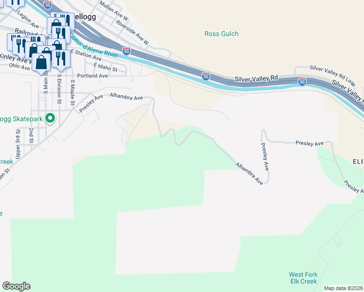 map of restaurants, bars, coffee shops, grocery stores, and more near 630 Alhambra Avenue in Kellogg