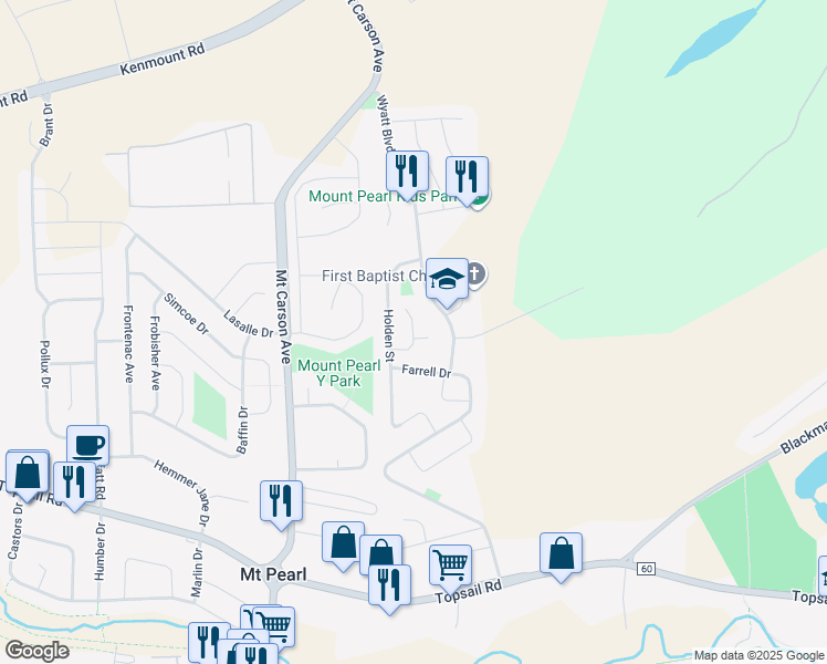 map of restaurants, bars, coffee shops, grocery stores, and more near 14 Lady Ann Place in Mount Pearl
