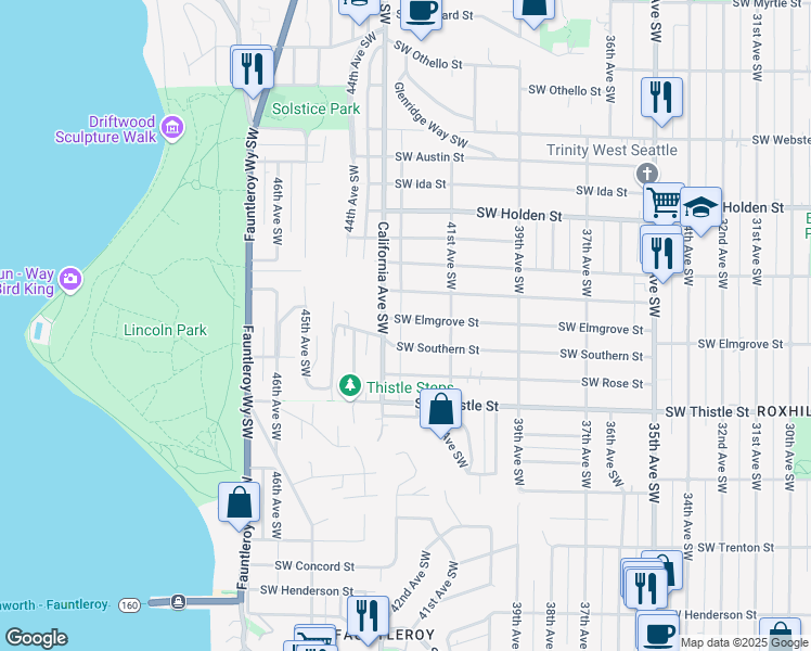 map of restaurants, bars, coffee shops, grocery stores, and more near 4141 Southwest Elmgrove Street in Seattle