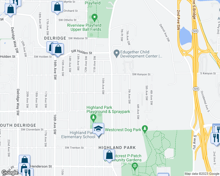 map of restaurants, bars, coffee shops, grocery stores, and more near 7945 9th Avenue Southwest in Seattle