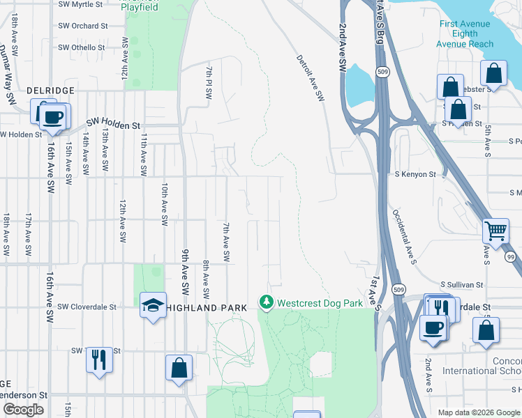 map of restaurants, bars, coffee shops, grocery stores, and more near 7944 5th Avenue Southwest in Seattle