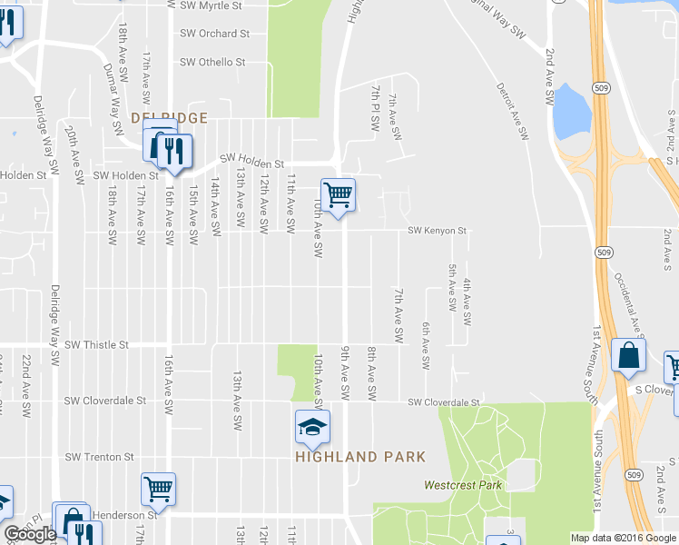 map of restaurants, bars, coffee shops, grocery stores, and more near 900 Southwest Elmgrove Street in Seattle