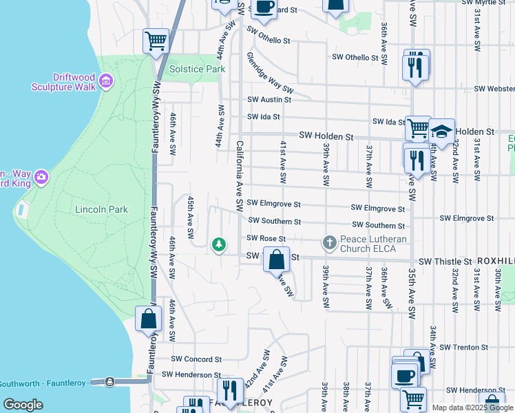 map of restaurants, bars, coffee shops, grocery stores, and more near 4141 Southwest Elmgrove Street in Seattle