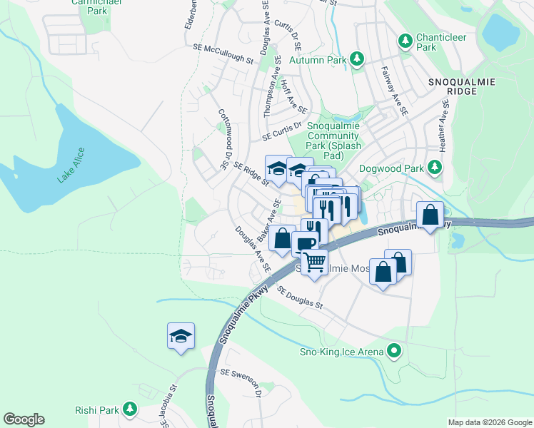 map of restaurants, bars, coffee shops, grocery stores, and more near 7815 Baker Avenue Southeast in Snoqualmie