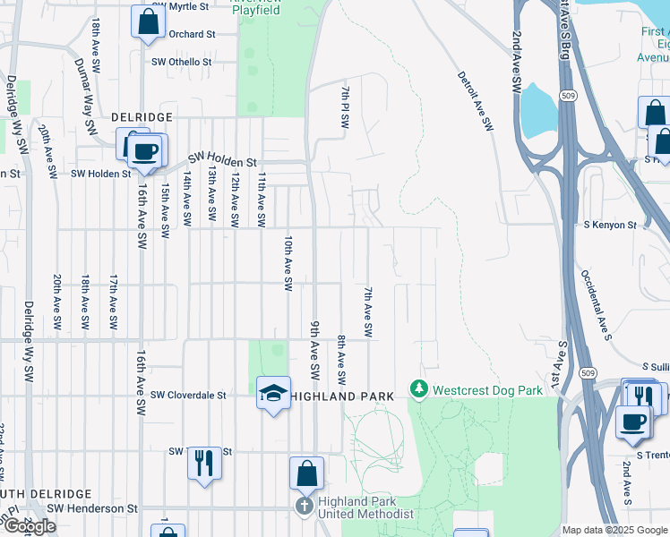 map of restaurants, bars, coffee shops, grocery stores, and more near 7945 8th Avenue Southwest in Seattle