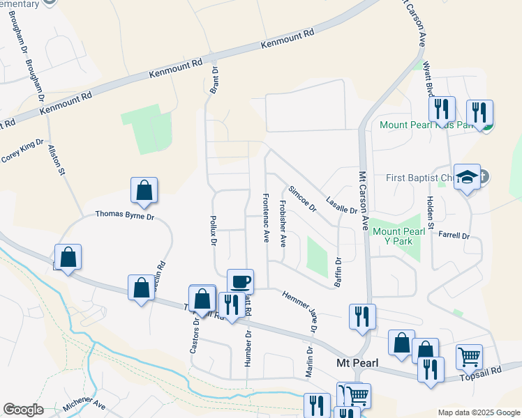 map of restaurants, bars, coffee shops, grocery stores, and more near 45 Frontenac Avenue in Mount Pearl