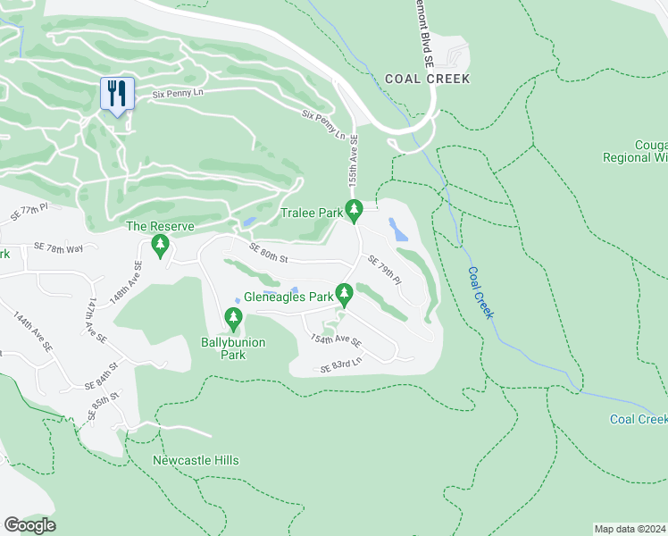 map of restaurants, bars, coffee shops, grocery stores, and more near 15407 Southeast 80th Street in Newcastle