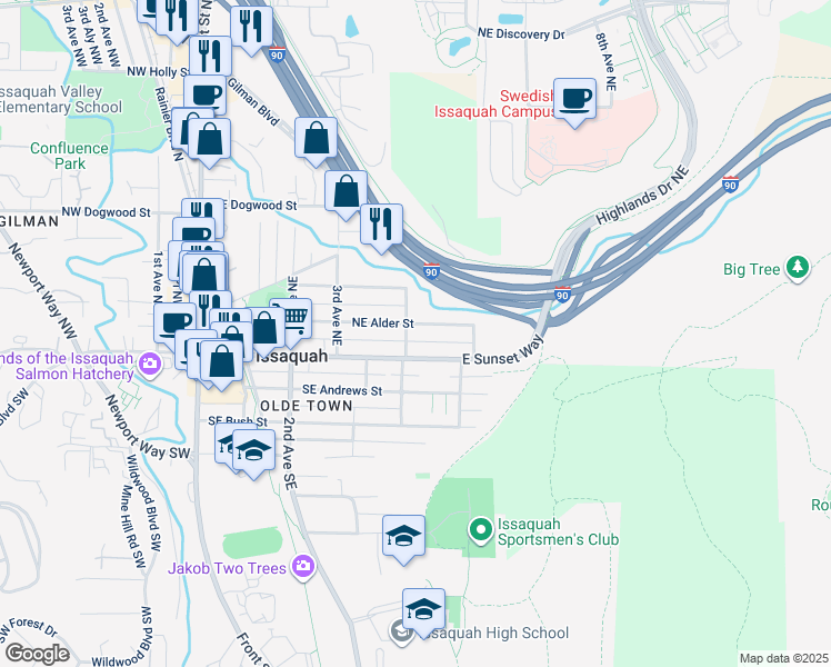 map of restaurants, bars, coffee shops, grocery stores, and more near 505 Northeast Alder Street in Issaquah