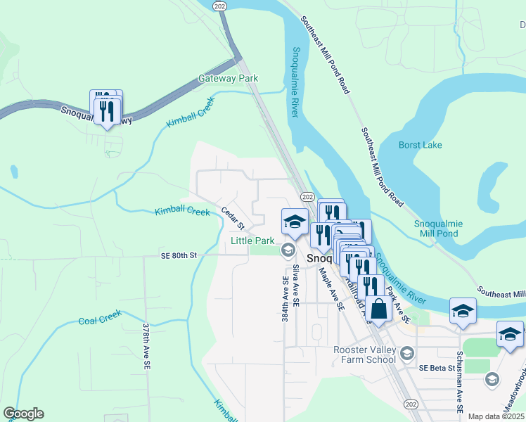 map of restaurants, bars, coffee shops, grocery stores, and more near 7800 Pickering Court Southeast in Snoqualmie