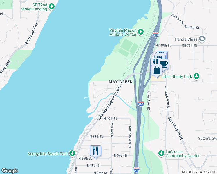 map of restaurants, bars, coffee shops, grocery stores, and more near 1225 North 41st Place in Renton