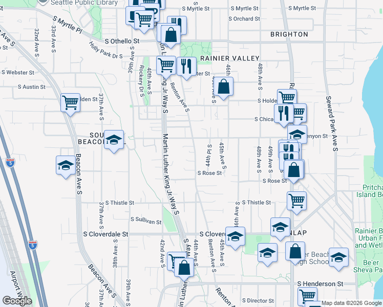 map of restaurants, bars, coffee shops, grocery stores, and more near 7939 Renton Avenue South in Seattle