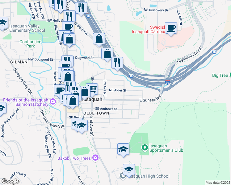 map of restaurants, bars, coffee shops, grocery stores, and more near 441 Northeast Alder Street in Issaquah