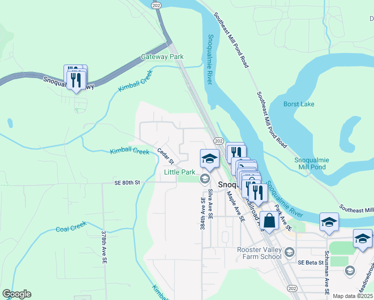 map of restaurants, bars, coffee shops, grocery stores, and more near 7800 Pickering Court Southeast in Snoqualmie