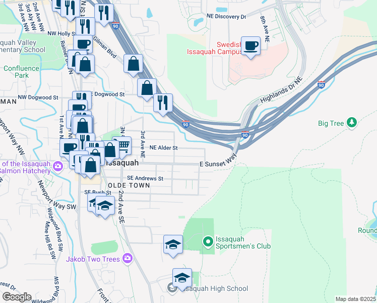 map of restaurants, bars, coffee shops, grocery stores, and more near 505 Northeast Alder Street in Issaquah