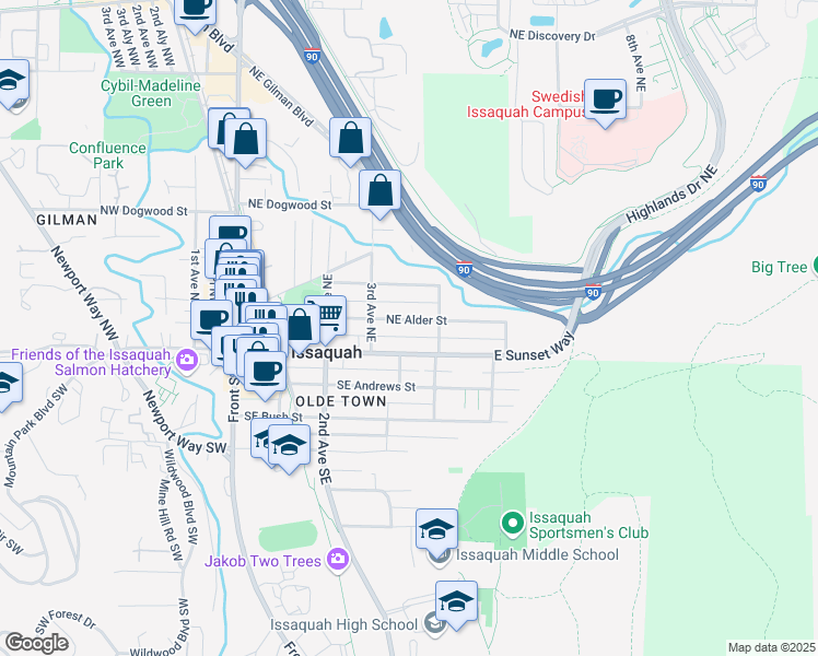 map of restaurants, bars, coffee shops, grocery stores, and more near 441 Northeast Alder Street in Issaquah