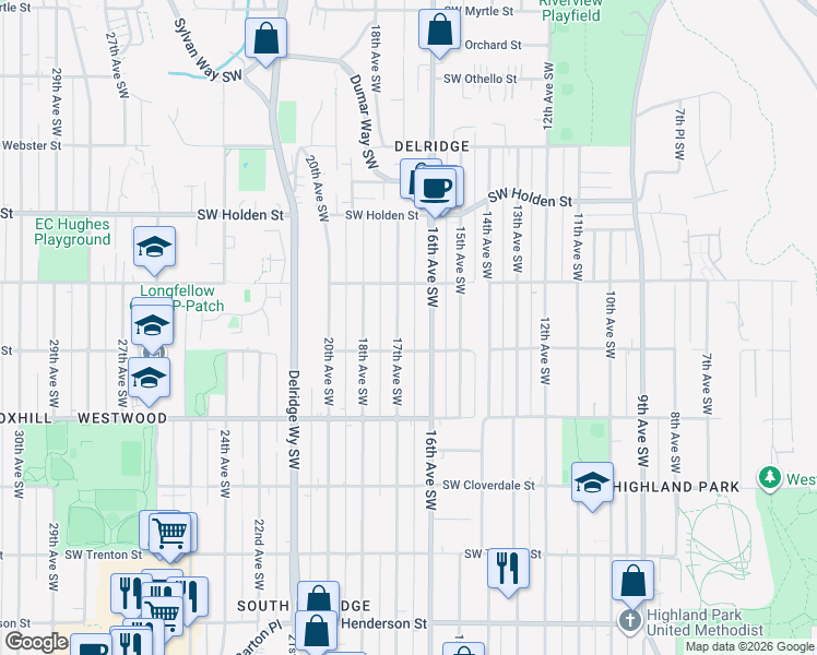 map of restaurants, bars, coffee shops, grocery stores, and more near 7947 17th Avenue Southwest in Seattle