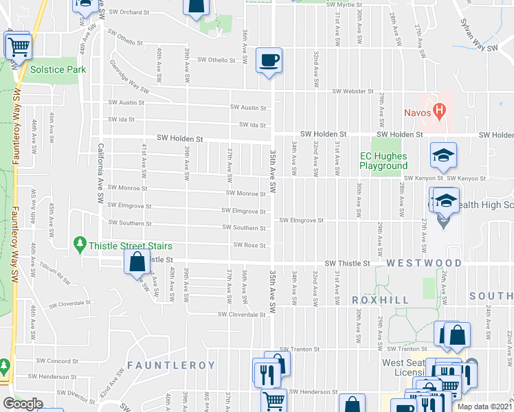 map of restaurants, bars, coffee shops, grocery stores, and more near 3518 Southwest Elmgrove Street in Seattle