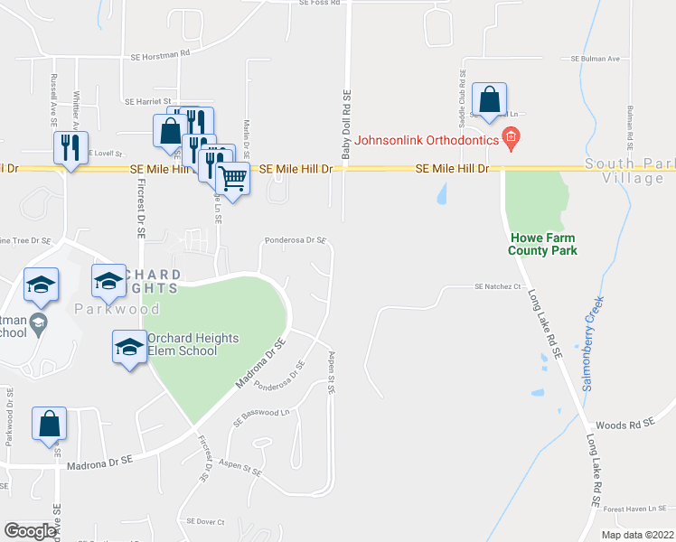 map of restaurants, bars, coffee shops, grocery stores, and more near 2049 Ponderosa Drive Southeast in Port Orchard