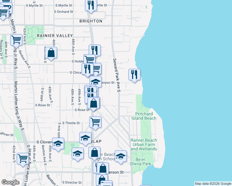 map of restaurants, bars, coffee shops, grocery stores, and more near 7943 Seward Park Avenue South in Seattle