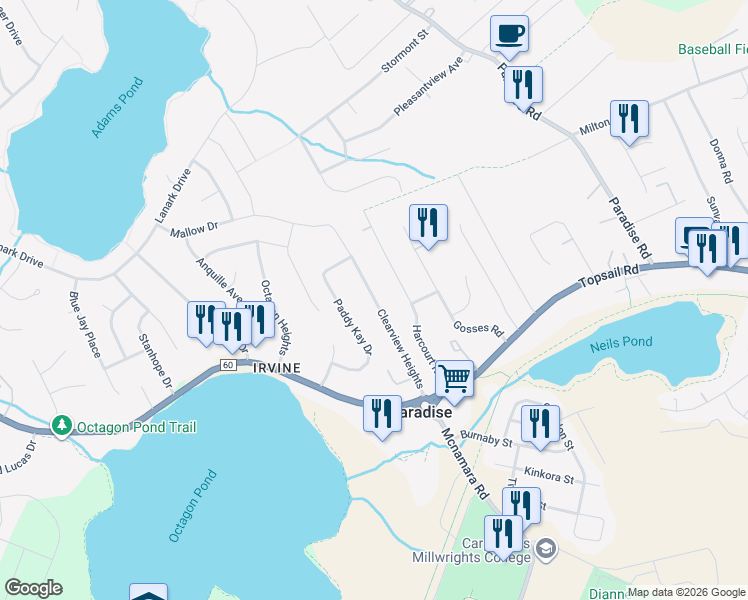 map of restaurants, bars, coffee shops, grocery stores, and more near 35 Clearview Heights in Paradise