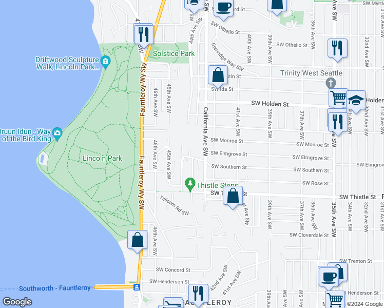map of restaurants, bars, coffee shops, grocery stores, and more near 4322 Southwest Southern Street in Seattle