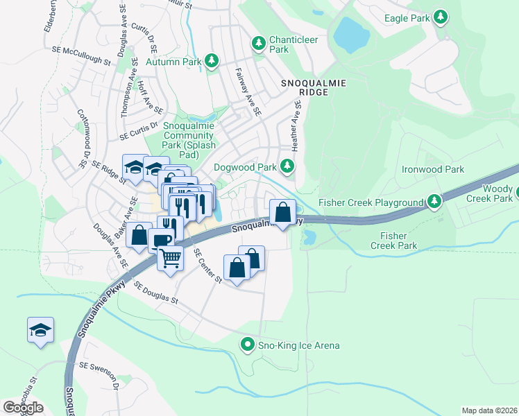 map of restaurants, bars, coffee shops, grocery stores, and more near 7810 Fairway Avenue Southeast in Snoqualmie