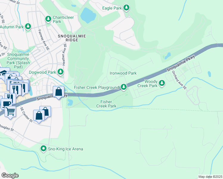 map of restaurants, bars, coffee shops, grocery stores, and more near Snoqualmie Ridge Trail in Snoqualmie
