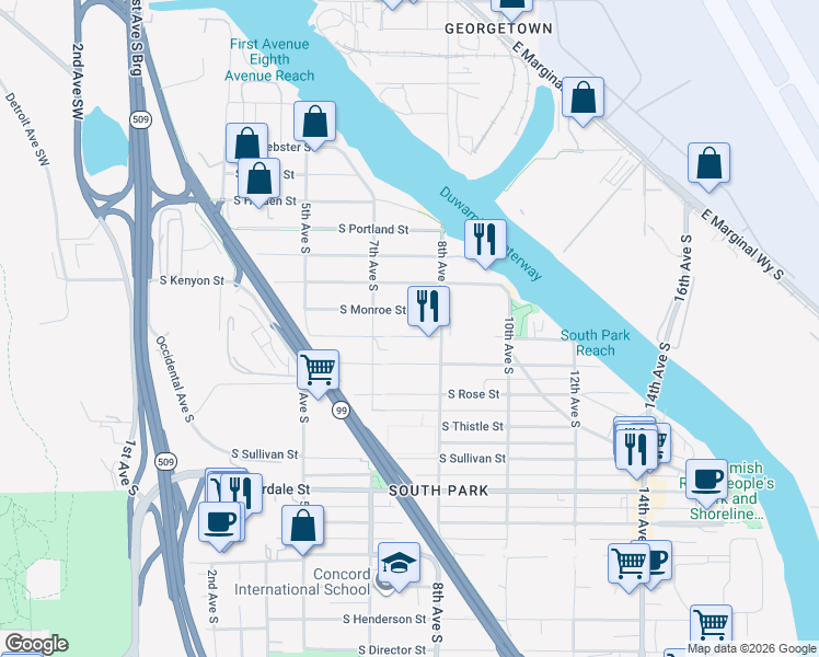 map of restaurants, bars, coffee shops, grocery stores, and more near 749 South Elmgrove Street in Seattle