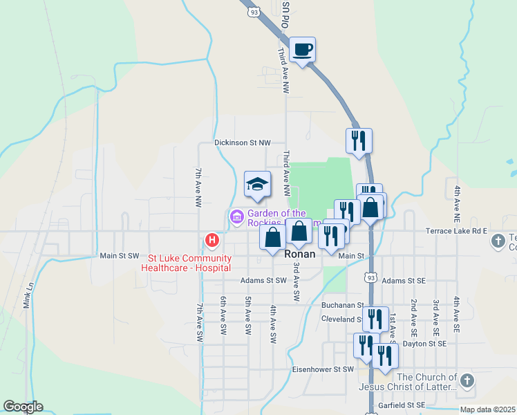 map of restaurants, bars, coffee shops, grocery stores, and more near 421 Andrew Street Northwest in Ronan