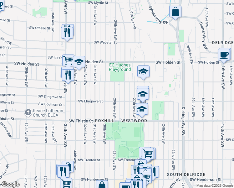 map of restaurants, bars, coffee shops, grocery stores, and more near 7949 29th Avenue Southwest in Seattle